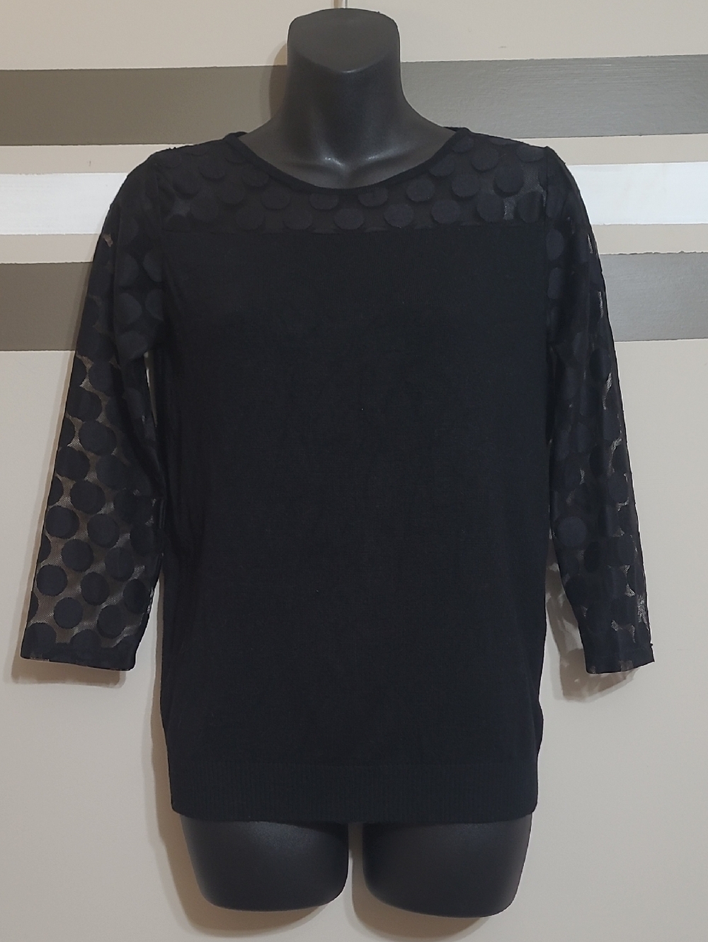Joseph A Black Polka Dot Mesh Sleeve Top